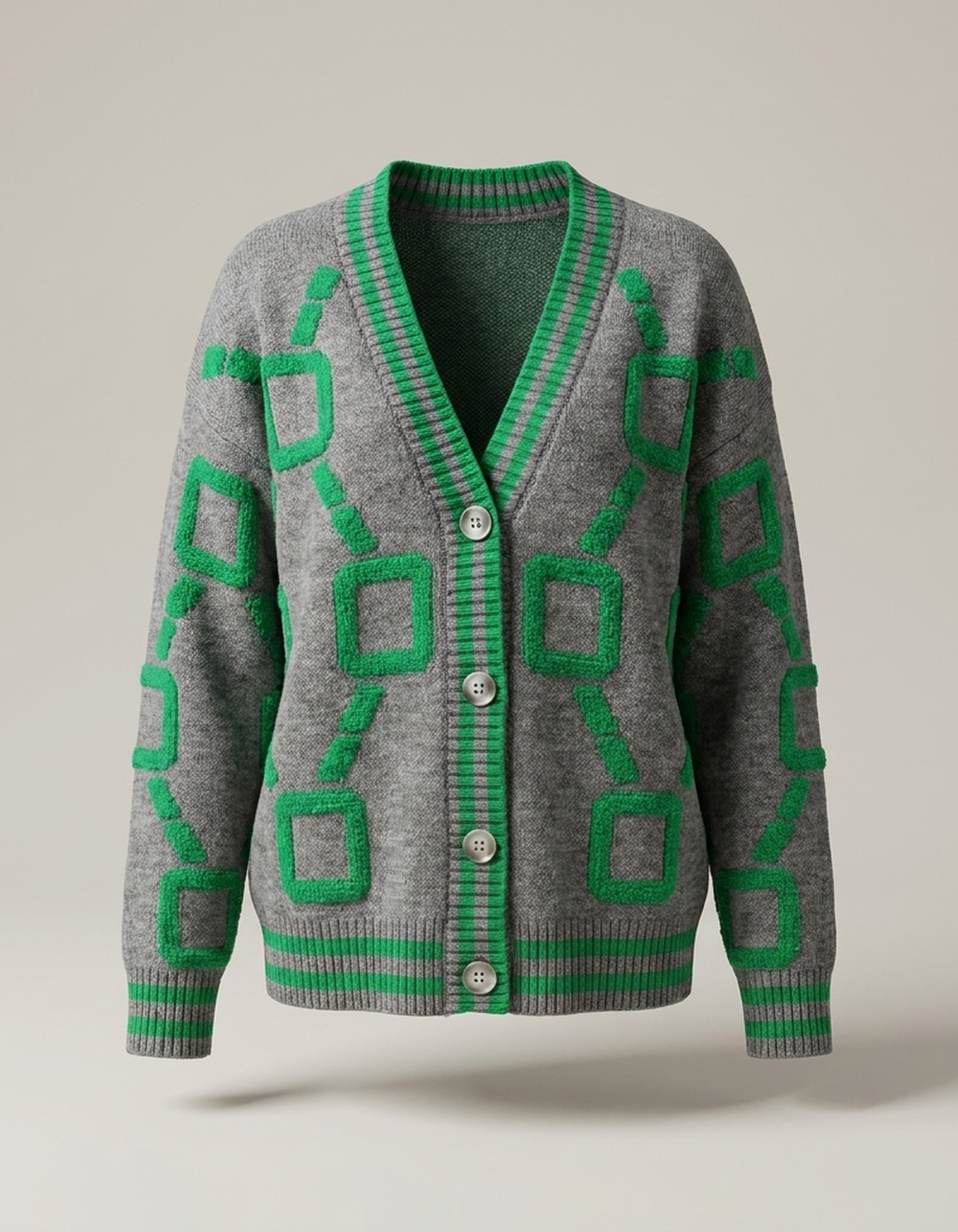 PLUXSTYLE::numise::geometric-v-neck-cardigan::pack-grey