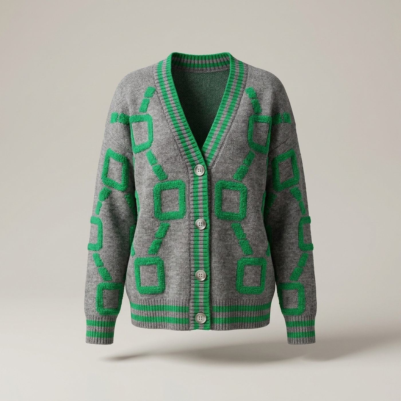 PLUXSTYLE::numise::geometric-v-neck-cardigan::pack-grey