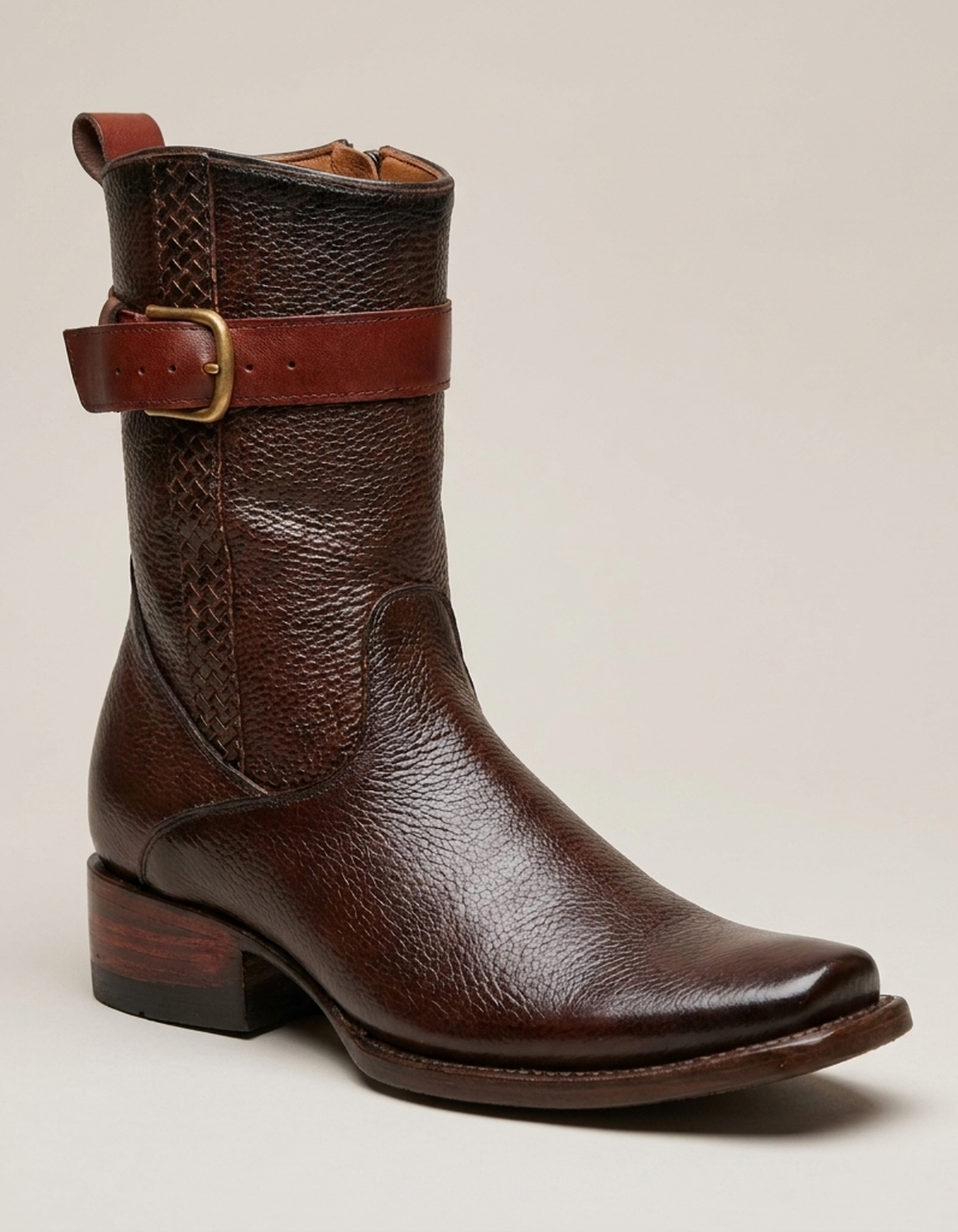 PLUXSTYLE::numise::mens-polished-dark-brown-boots::closeup-hero