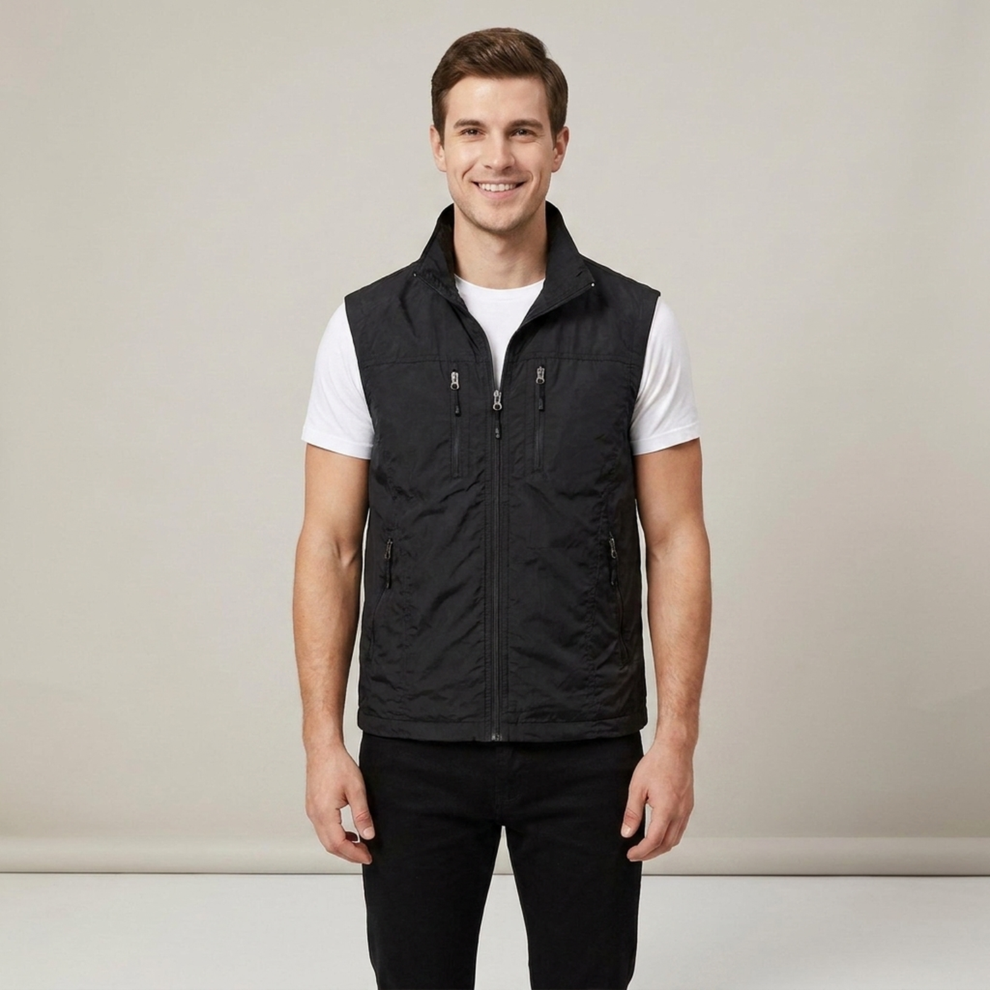 PLUXSTYLE::numise::mens-stand-collar-utility-vest::front