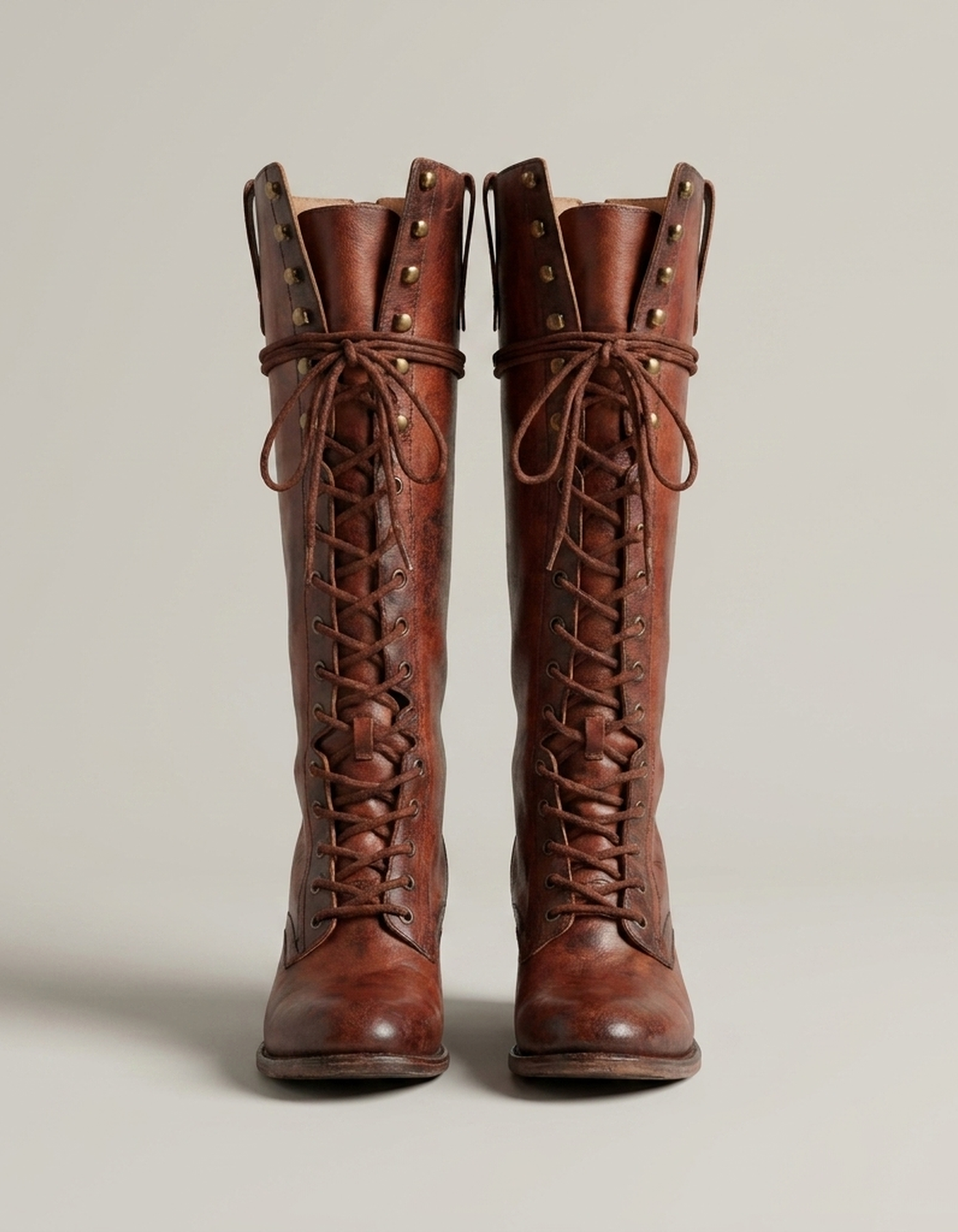 PLUXSTYLE::numise::womens-lace-up-knee-high-boots::pack-reddish-brown