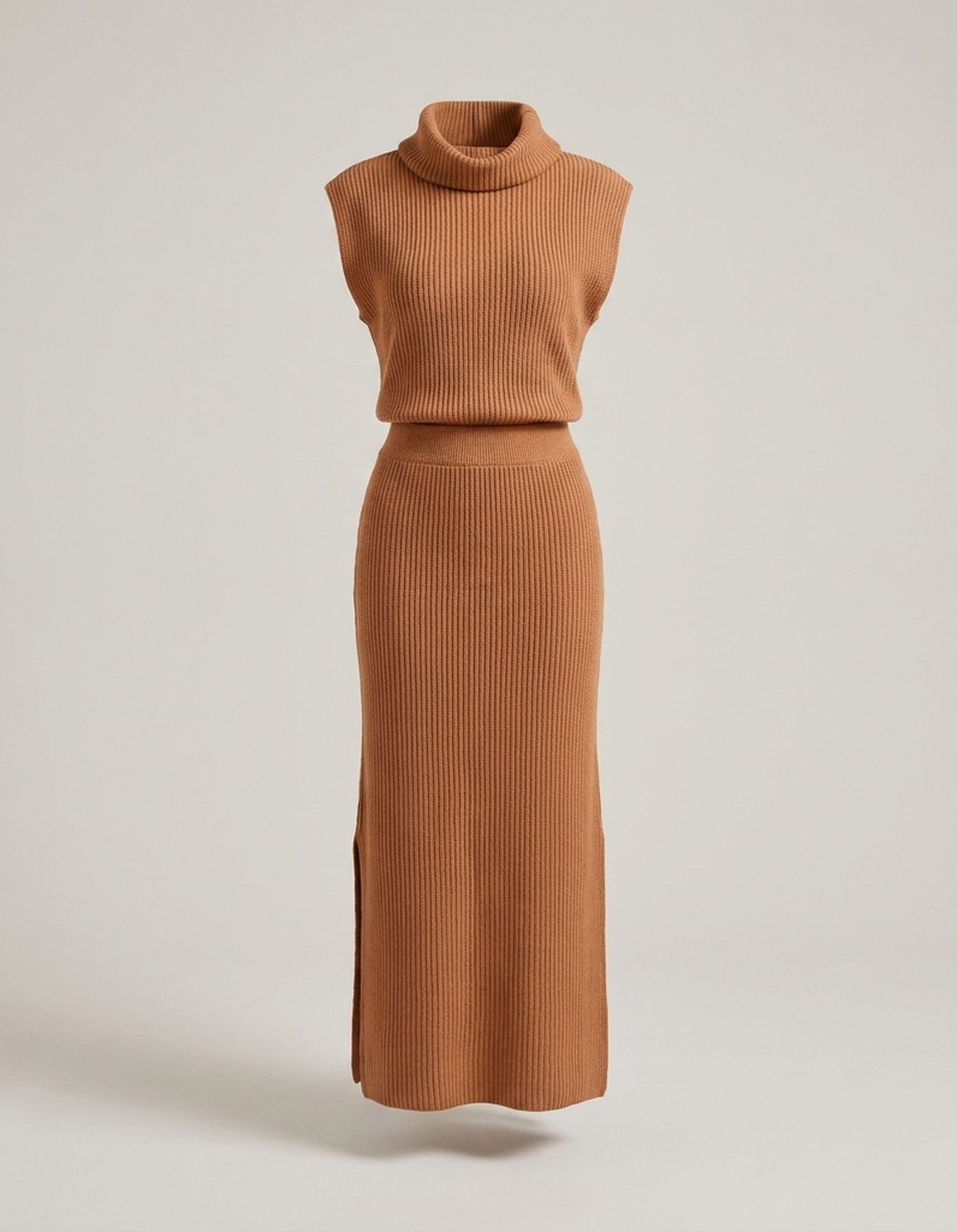 PLUXSTYLE::numise::sleeveless-draped-neck-midi-dress::pack-camel