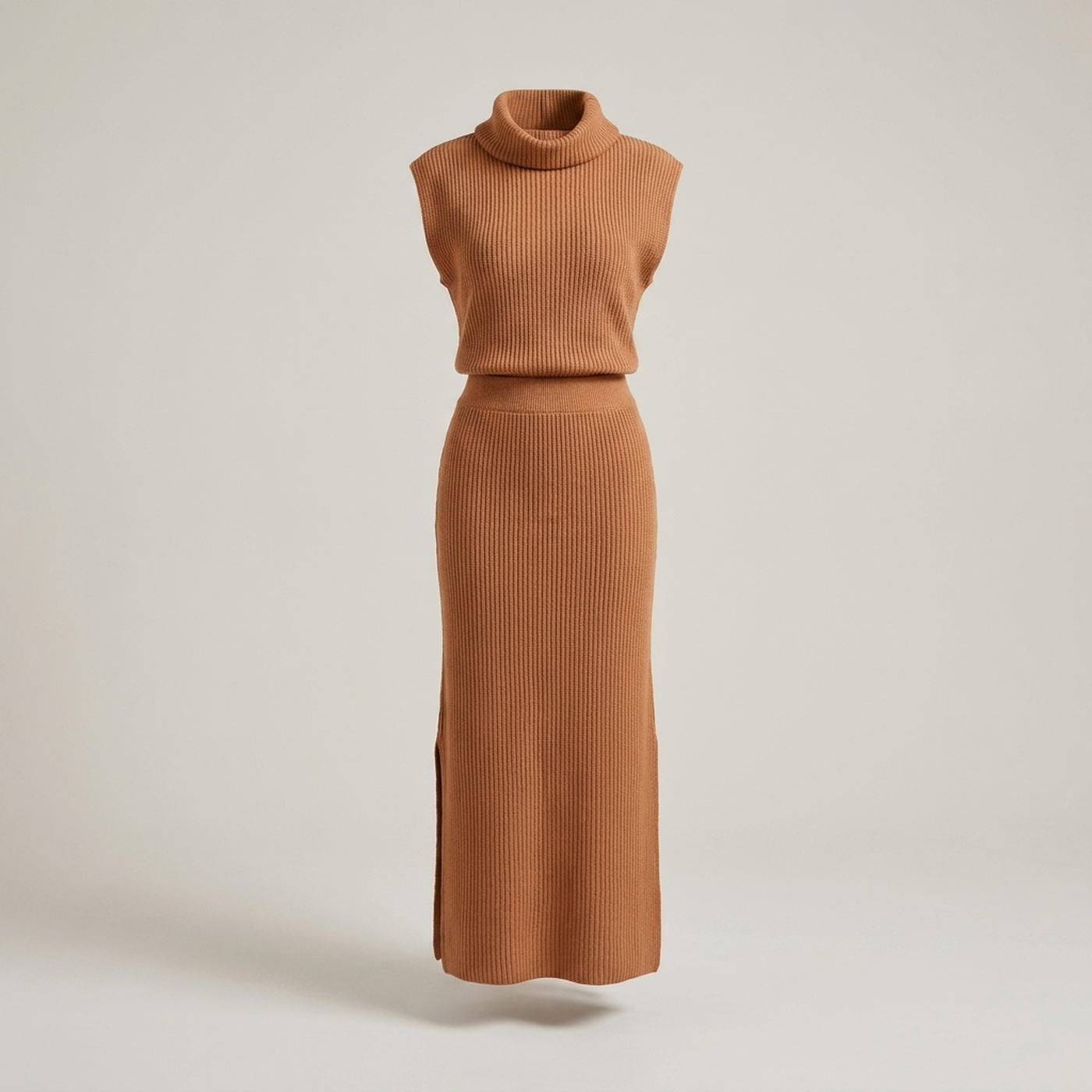 PLUXSTYLE::numise::sleeveless-draped-neck-midi-dress::pack-camel
