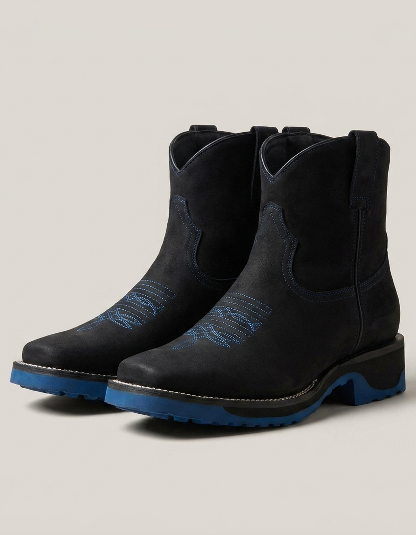 PLUXSTYLE::numise::square-toe-western-ankle-boots::pack-blue