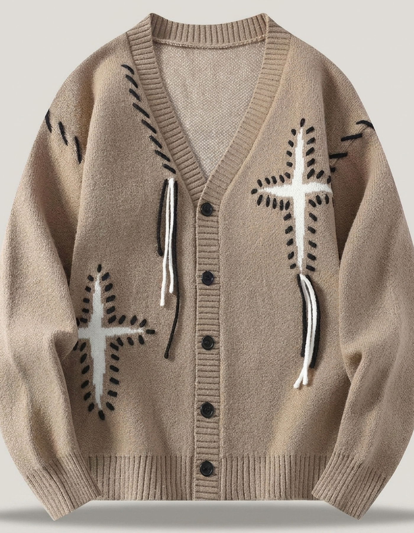 PLUXSTYLE::numise::mens-embroidered-oversized-cardigan::pack-khaki