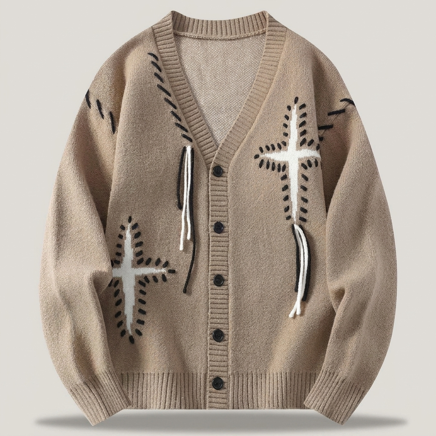 PLUXSTYLE::numise::mens-embroidered-oversized-cardigan::pack-khaki