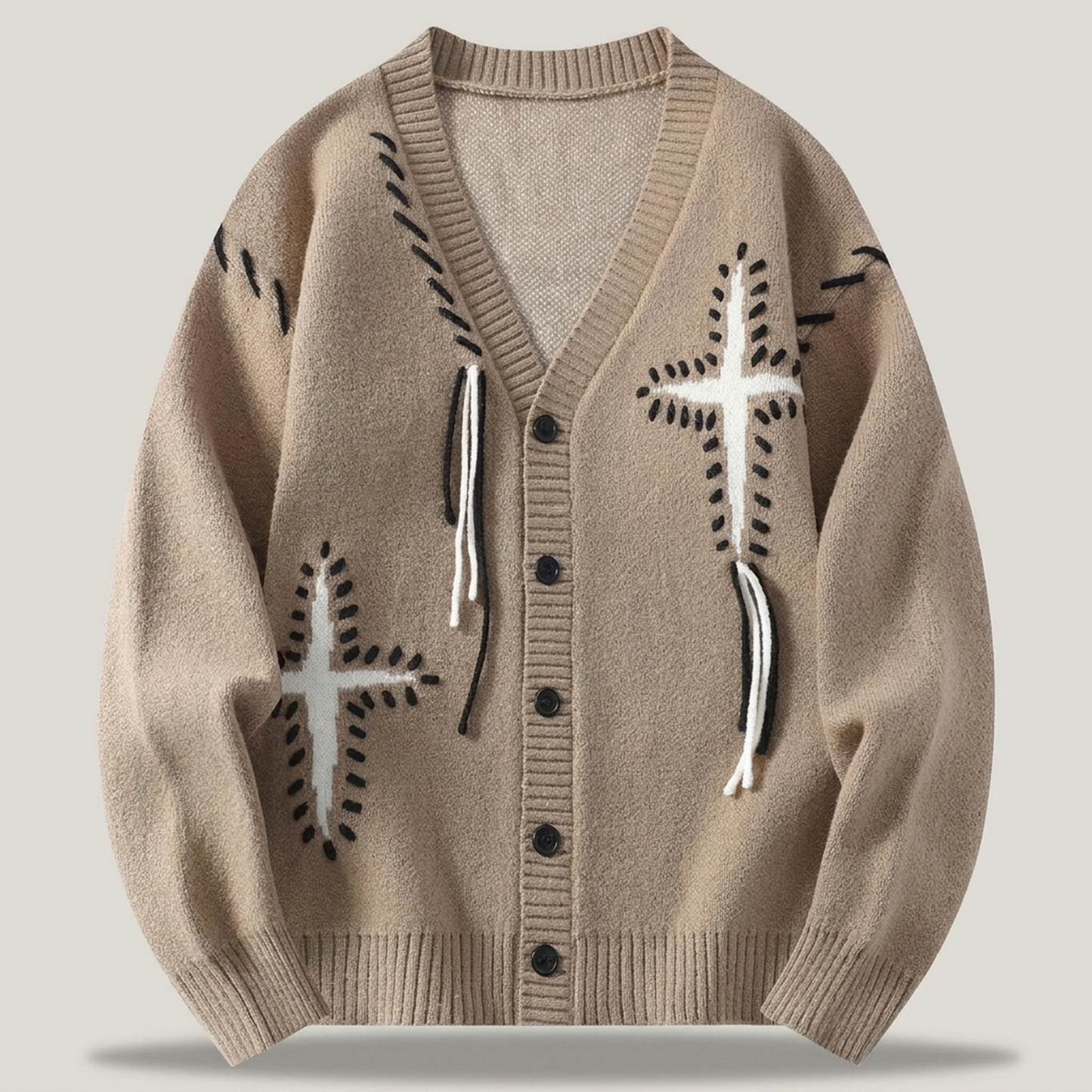 PLUXSTYLE::numise::mens-embroidered-oversized-cardigan::pack-khaki