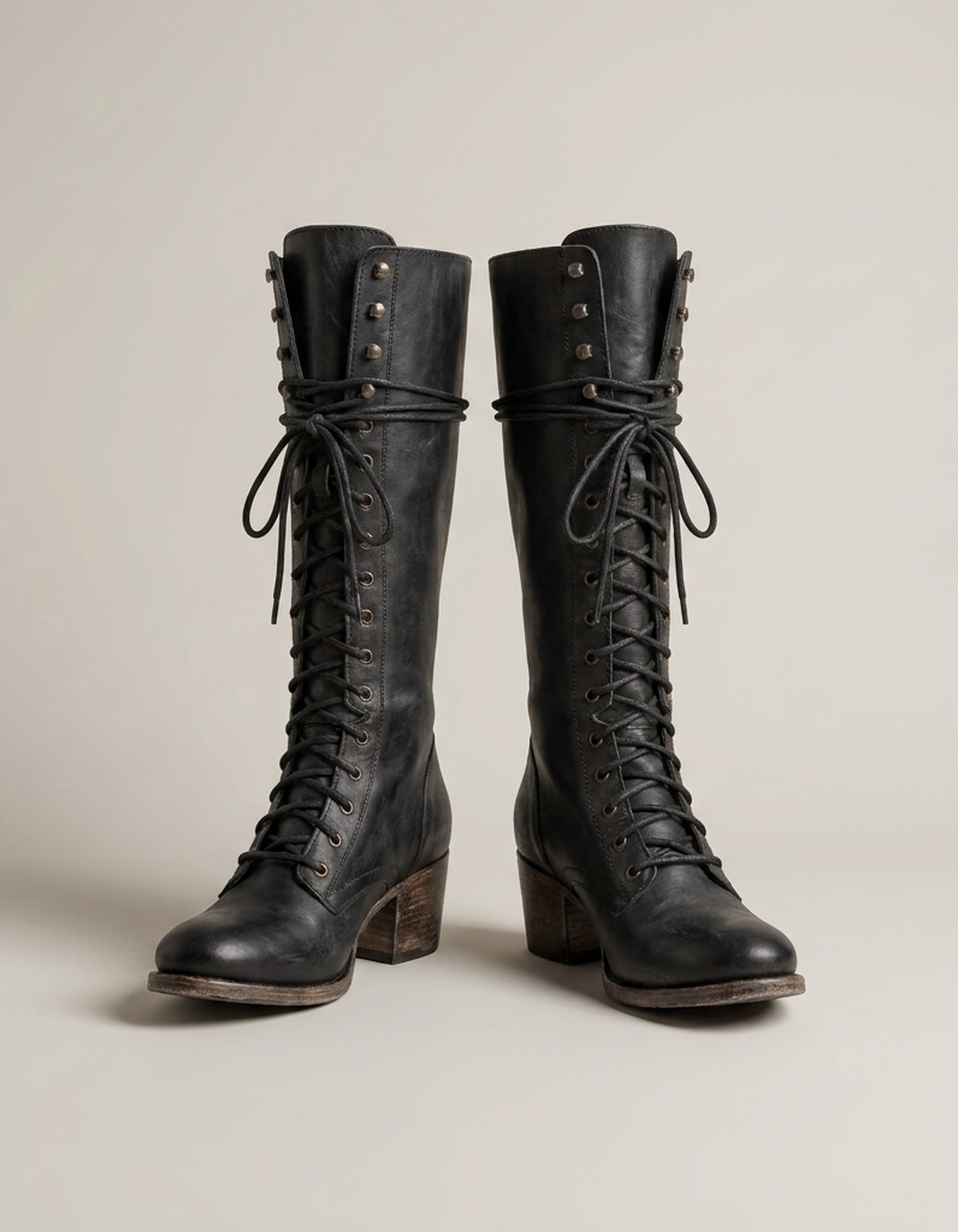 PLUXSTYLE::numise::womens-lace-up-knee-high-boots::pack-black