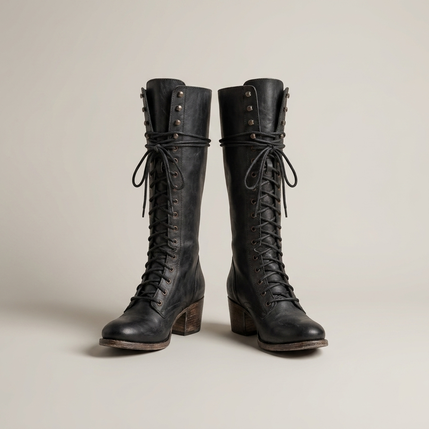 PLUXSTYLE::numise::womens-lace-up-knee-high-boots::pack-black