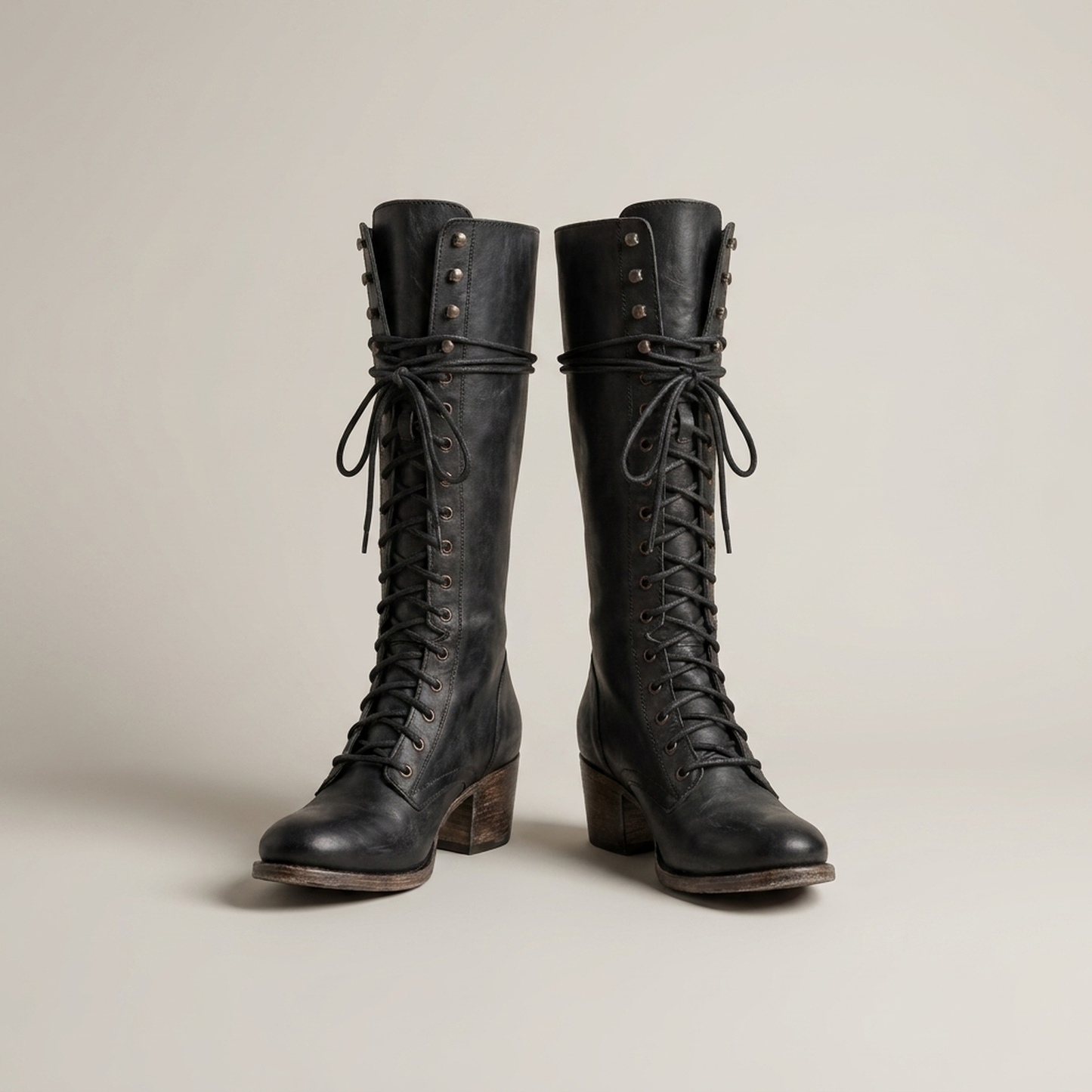 PLUXSTYLE::numise::womens-lace-up-knee-high-boots::pack-black
