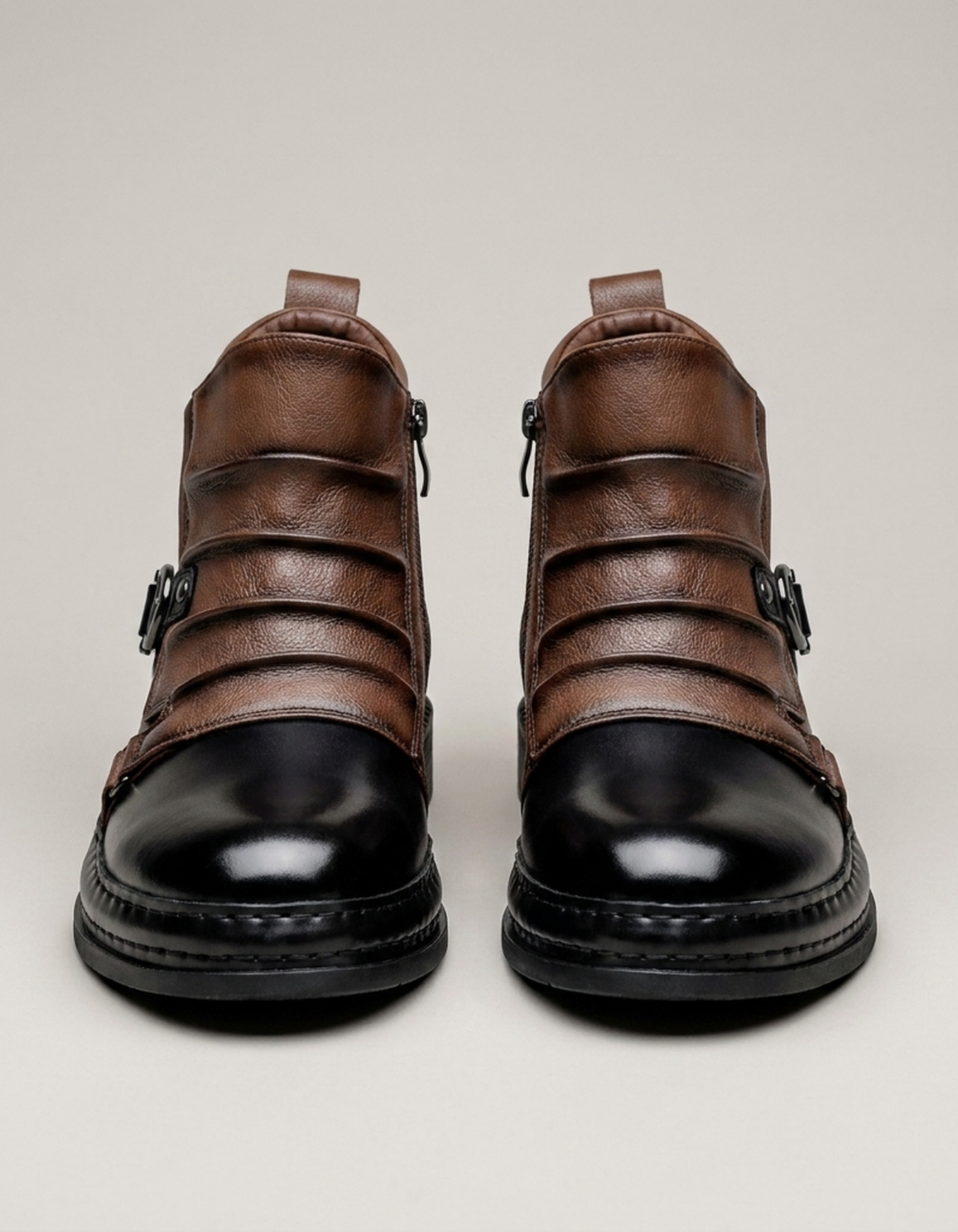 PLUXSTYLE::numise::mens-side-zip-buckle-boots::pack-brown