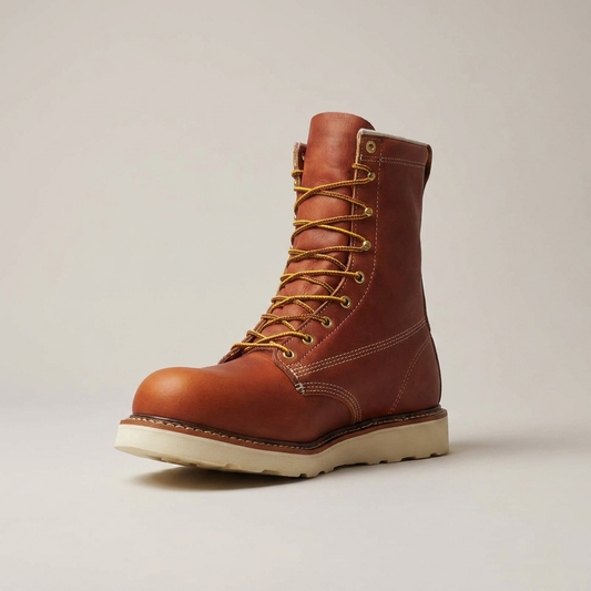 PLUXSTYLE::numise::tobacco-plain-toe-wedge-boots::closeup-hero