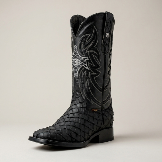 PLUXSTYLE::numise::matte-black-square-toe-boots::closeup-hero