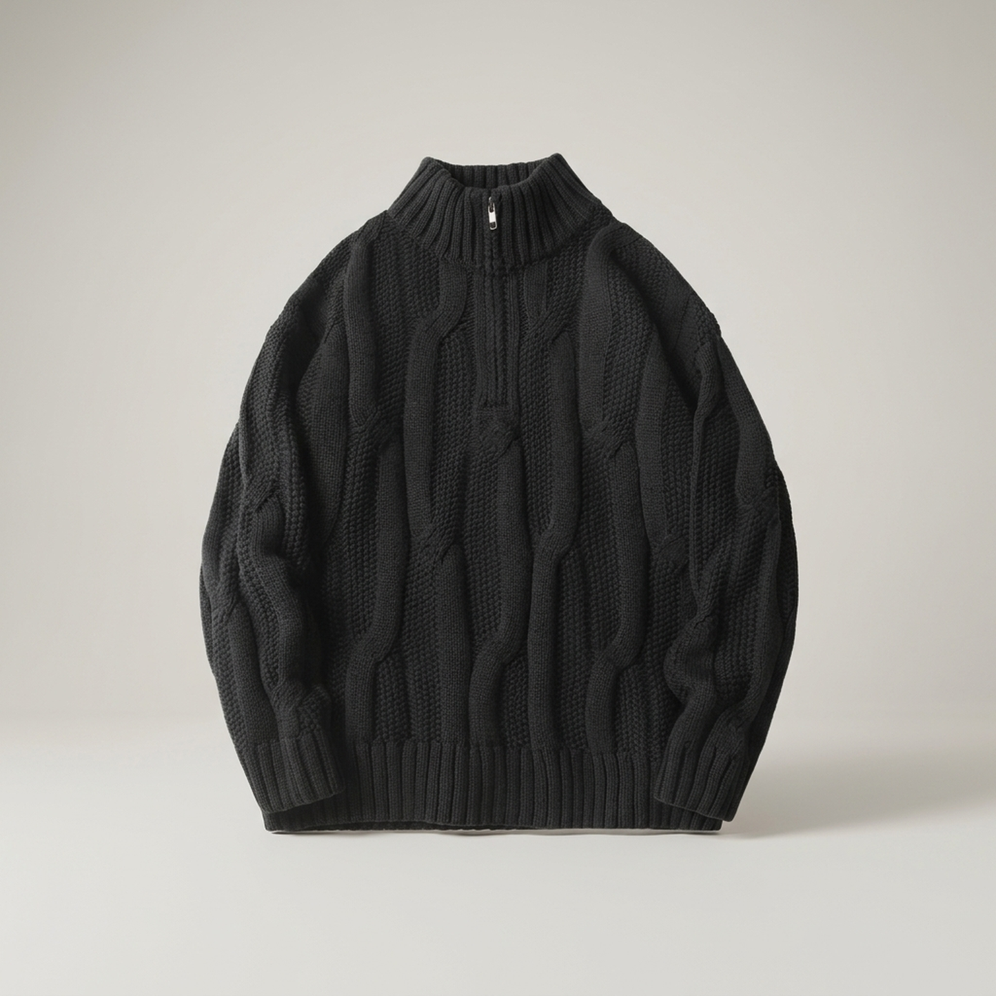 PLUXSTYLE::numise::chunky-cable-half-zip-sweater::pack-black