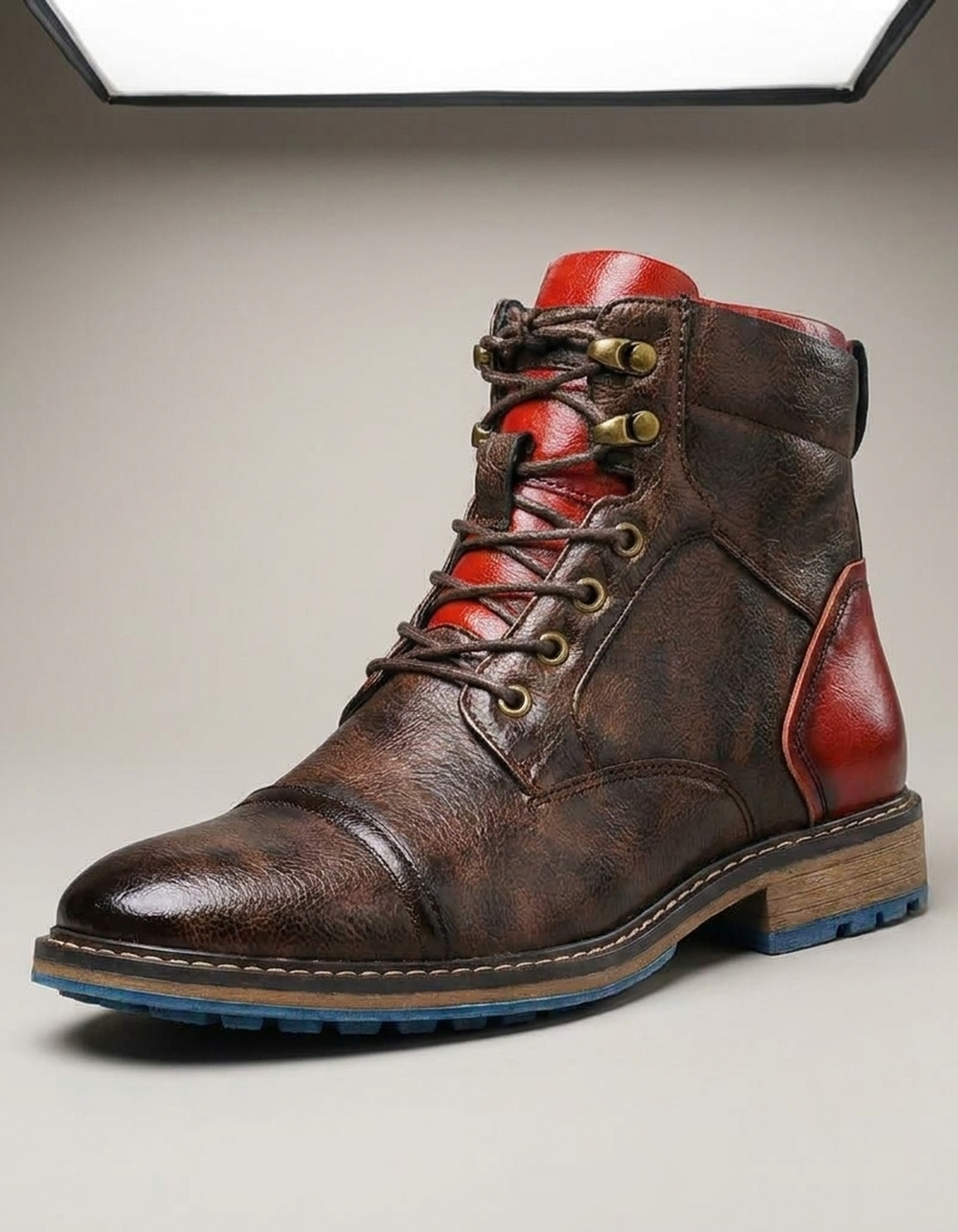 PLUXSTYLE::numise::two-tone-polished-ankle-boots::closeup-hero