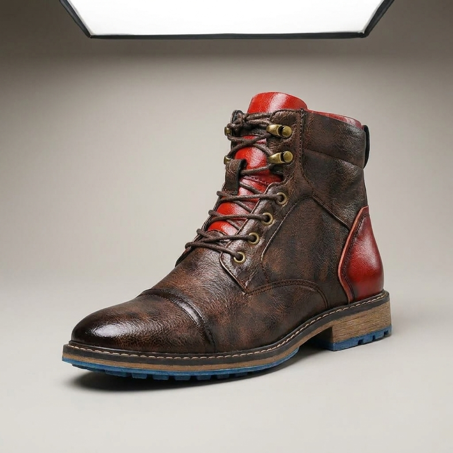 PLUXSTYLE::numise::two-tone-polished-ankle-boots::closeup-hero