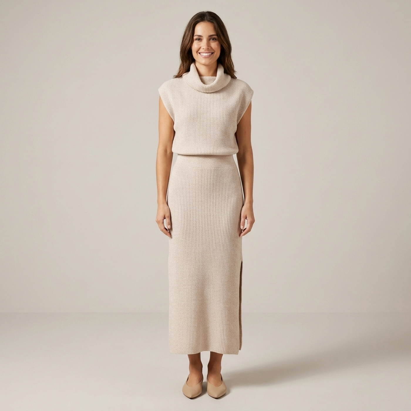 PLUXSTYLE::numise::sleeveless-draped-neck-midi-dress::front