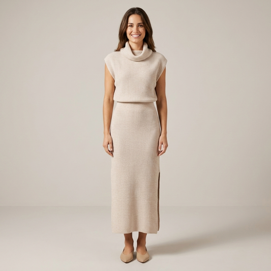 PLUXSTYLE::numise::sleeveless-draped-neck-midi-dress::front