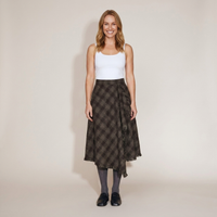 PLUXSTYLE::numise::annie-asymmetric-plaid-fringe-skirt::front