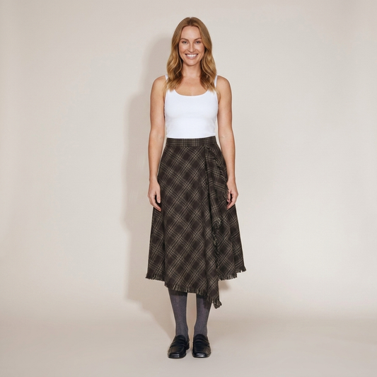 PLUXSTYLE::numise::annie-asymmetric-plaid-fringe-skirt::front