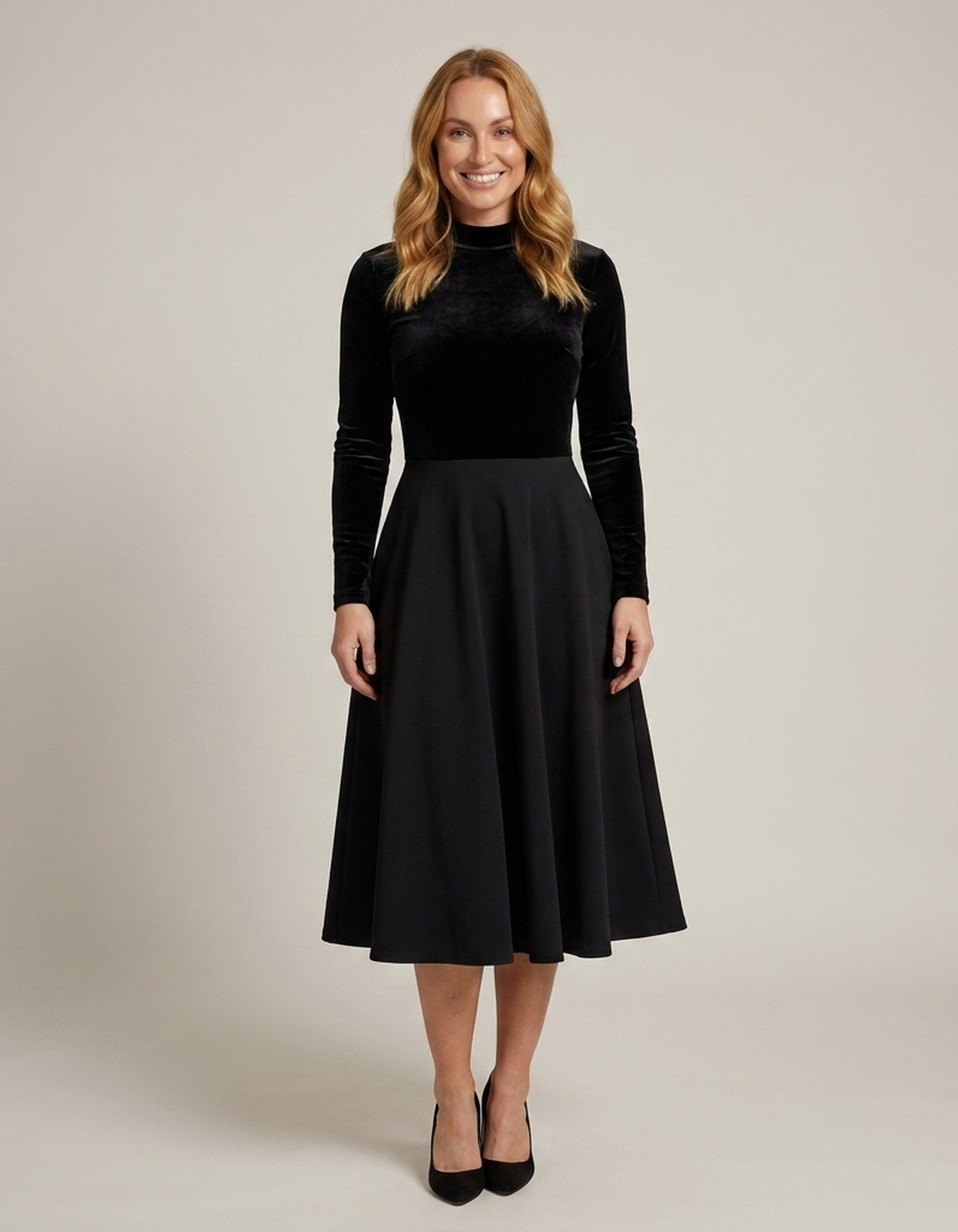 PLUXSTYLE::numise::ava-black-fit-and-flare-midi-dress::front