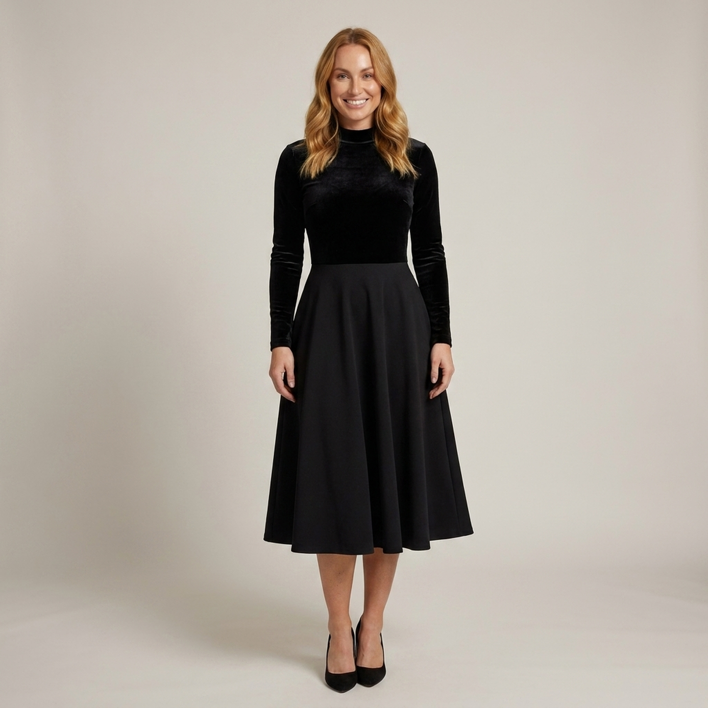 PLUXSTYLE::numise::ava-black-fit-and-flare-midi-dress::front
