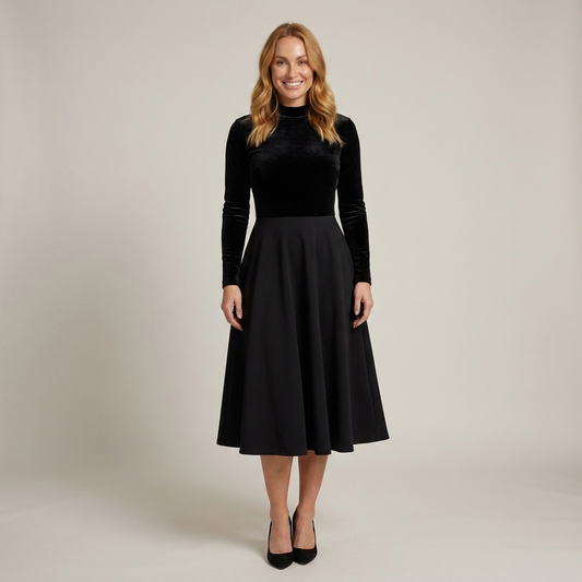 PLUXSTYLE::numise::ava-black-fit-and-flare-midi-dress::front