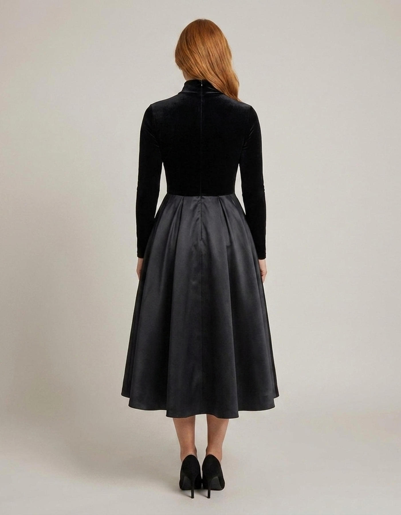 PLUXSTYLE::numise::aradia-black-fit-and-flare-midi-dress::back