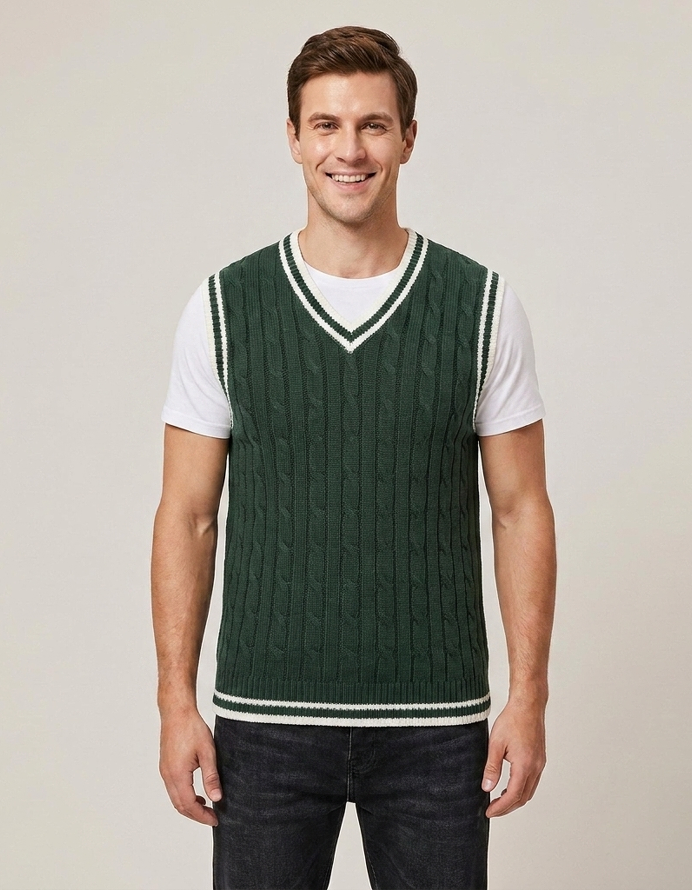 PLUXSTYLE::numise::cable-detail-v-neck-sweater-vest::front