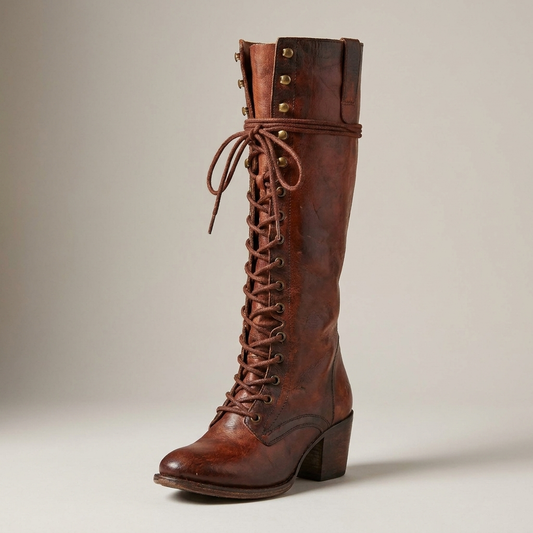 PLUXSTYLE::numise::womens-lace-up-knee-high-boots::closeup-hero