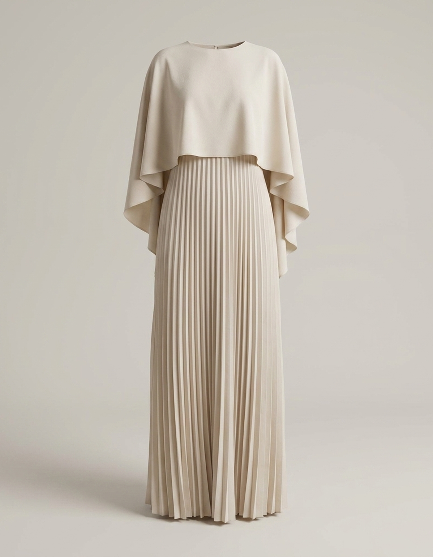 PLUXSTYLE::numise::alicia-pleated-cape-maxi-dress::pack-beige