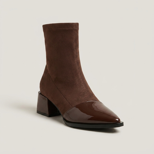 PLUXSTYLE::numise::gloss-detail-block-heel-ankle-boots::closeup-hero