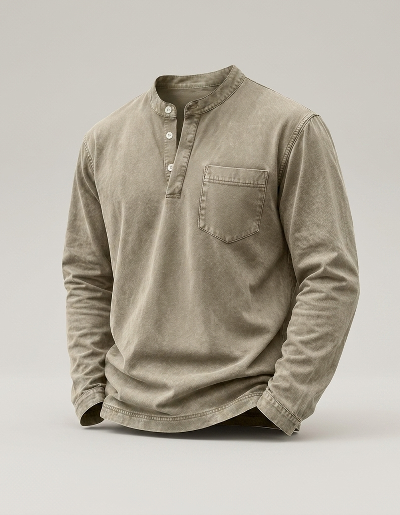 PLUXSTYLE::numise::mens-vintage-wash-henley-top::pack-khaki