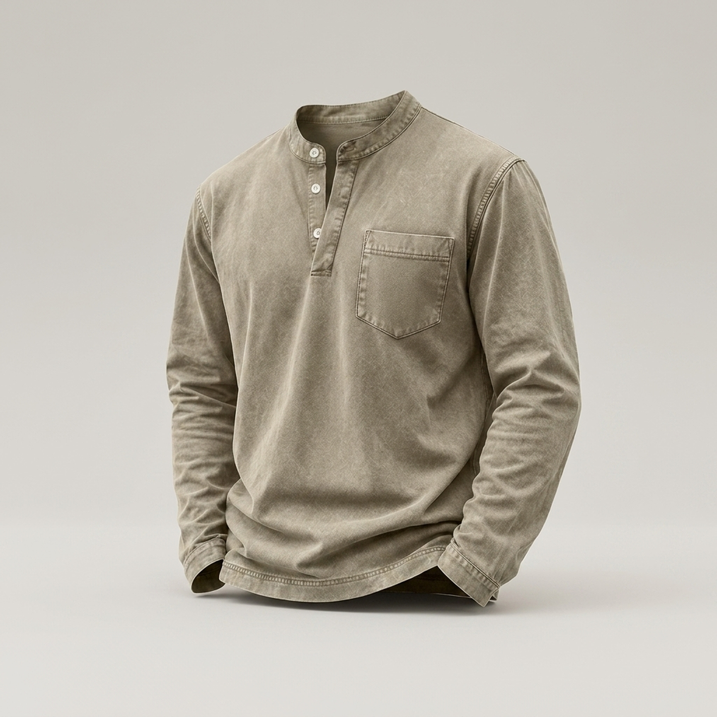 PLUXSTYLE::numise::mens-vintage-wash-henley-top::pack-khaki