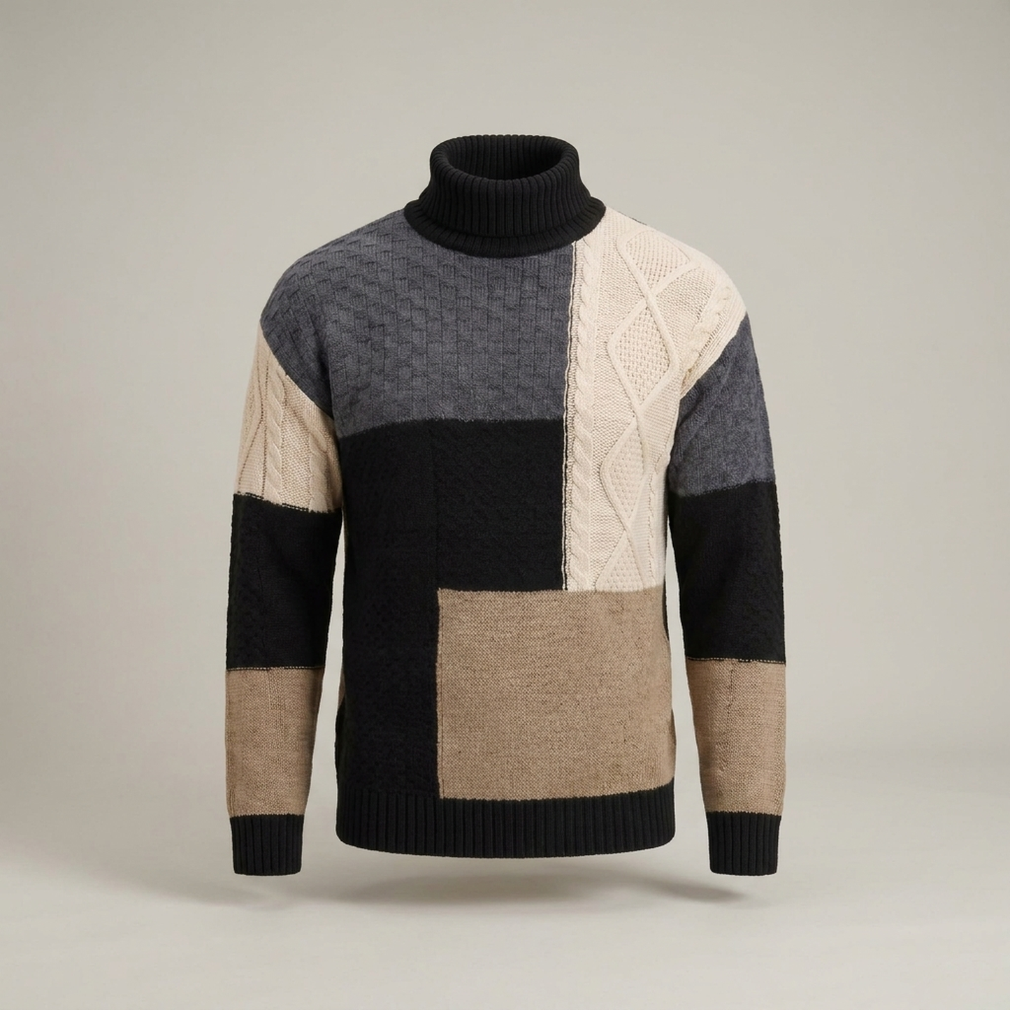 PLUXSTYLE::numise::mens-color-block-turtleneck-sweater::pack-black