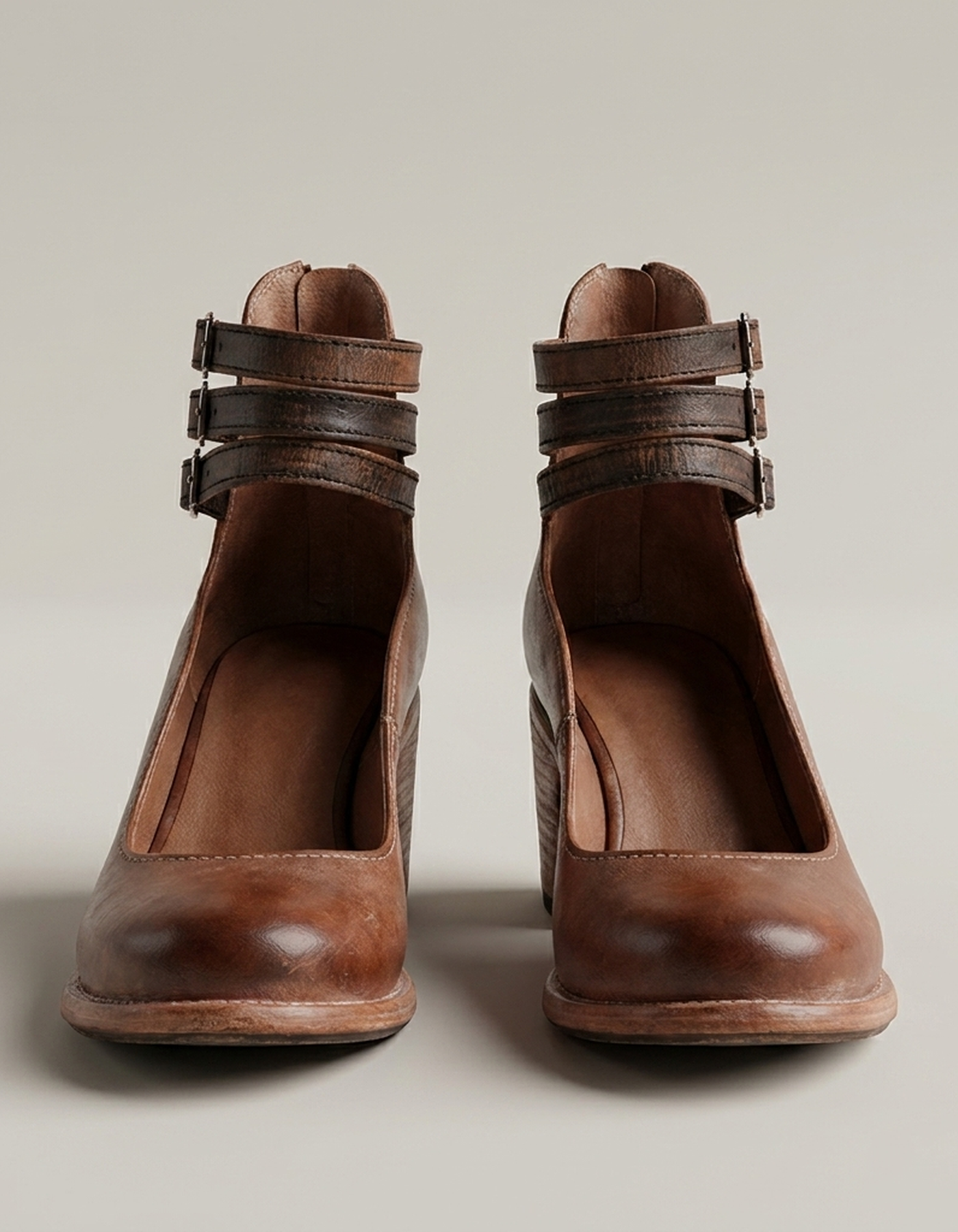 PLUXSTYLE::numise::strappy-block-heel-ankle-boots::pack-dark-brown