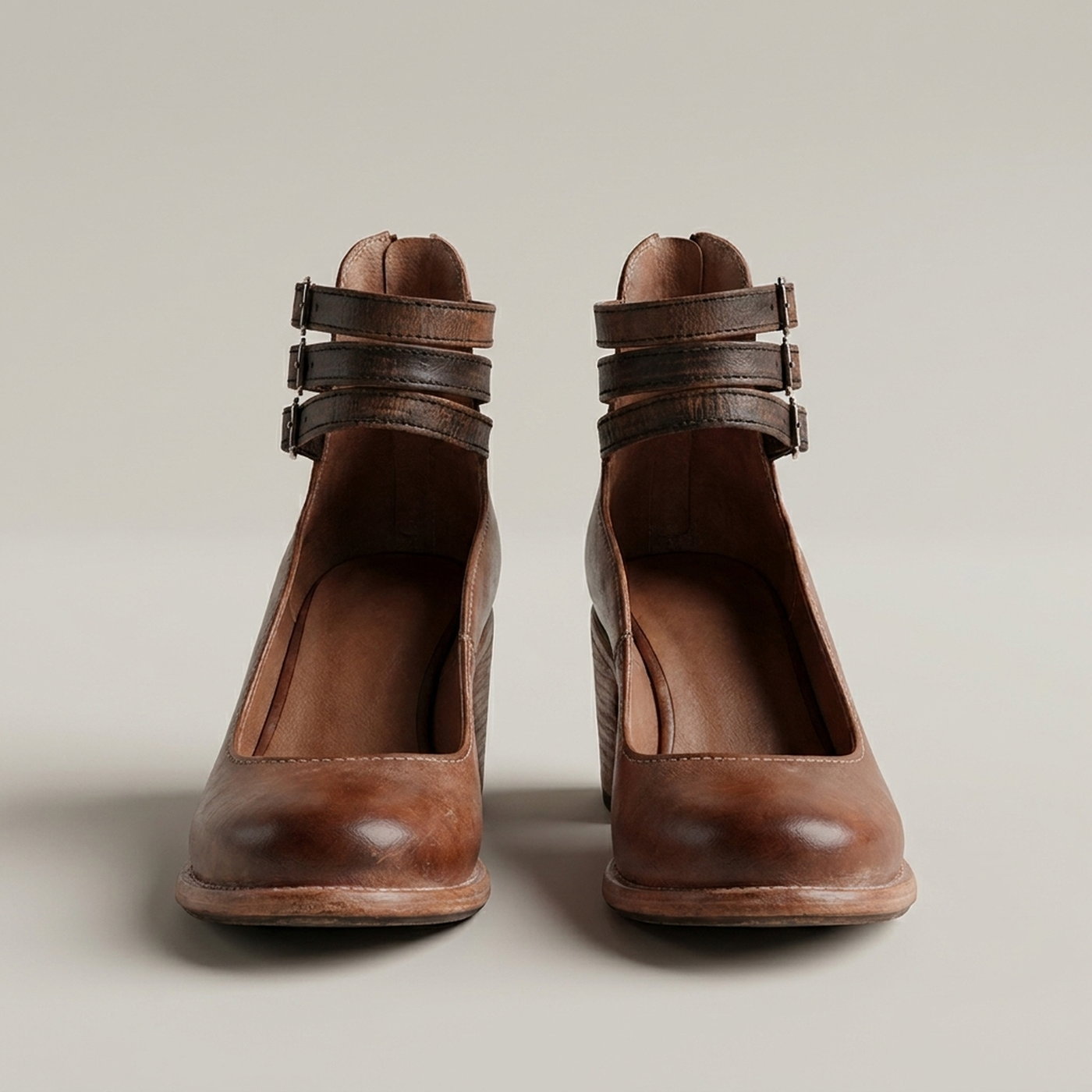 PLUXSTYLE::numise::strappy-block-heel-ankle-boots::pack-dark-brown