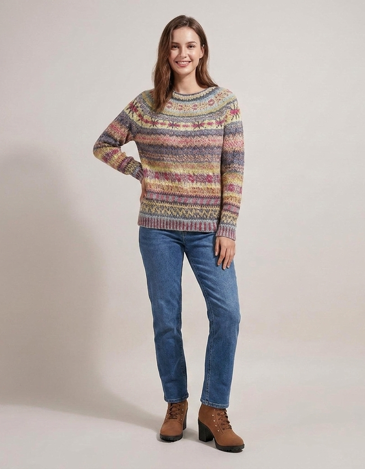 PLUXSTYLE::numise::relaxed-fair-isle-pullover-sweater::front