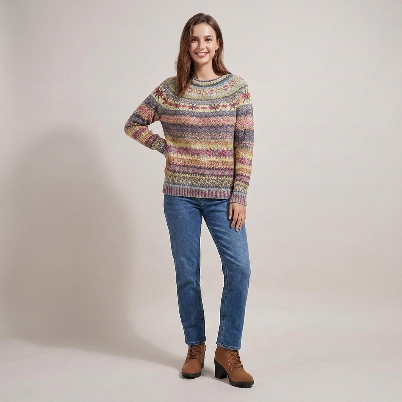 PLUXSTYLE::numise::relaxed-fair-isle-pullover-sweater::front