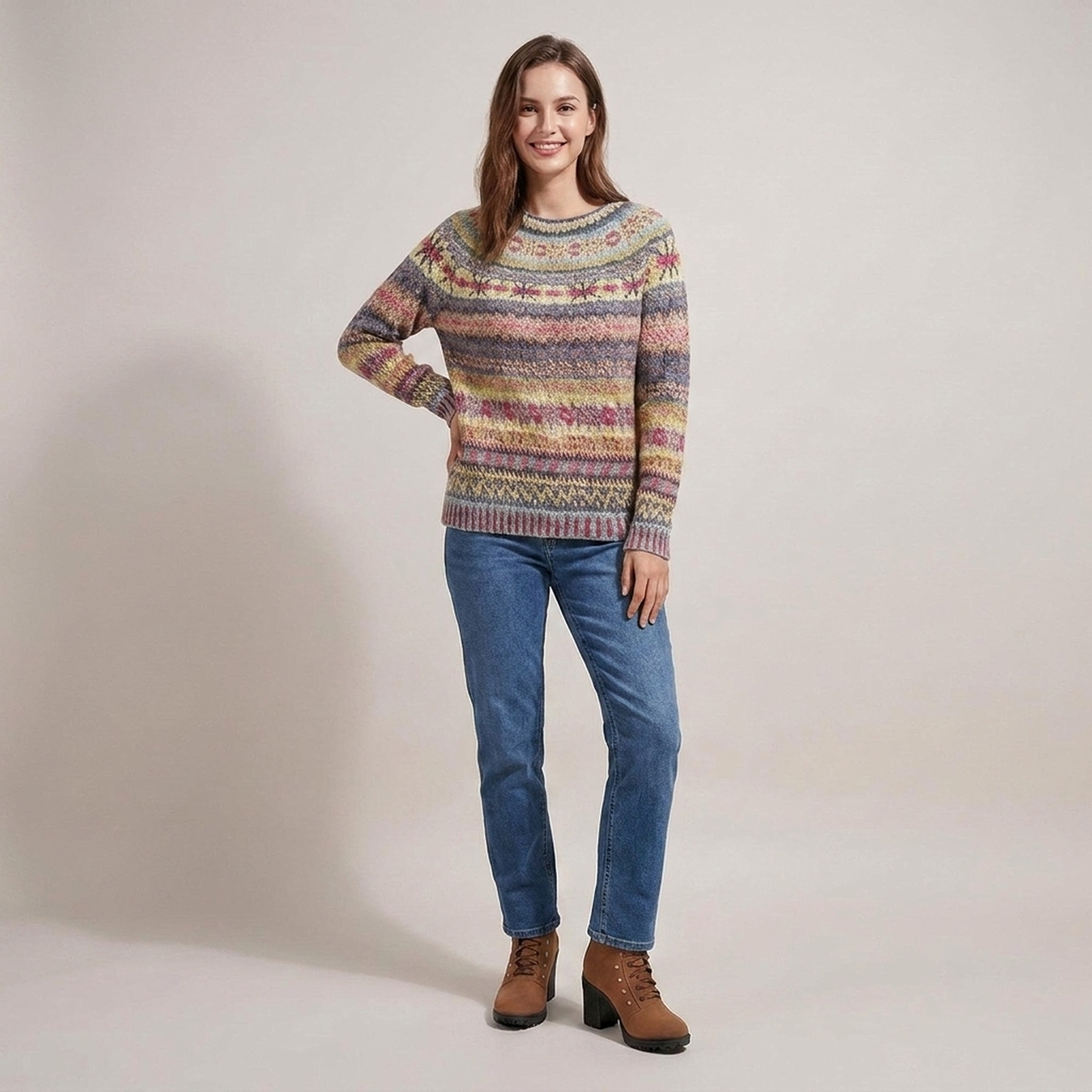 PLUXSTYLE::numise::relaxed-fair-isle-pullover-sweater::front