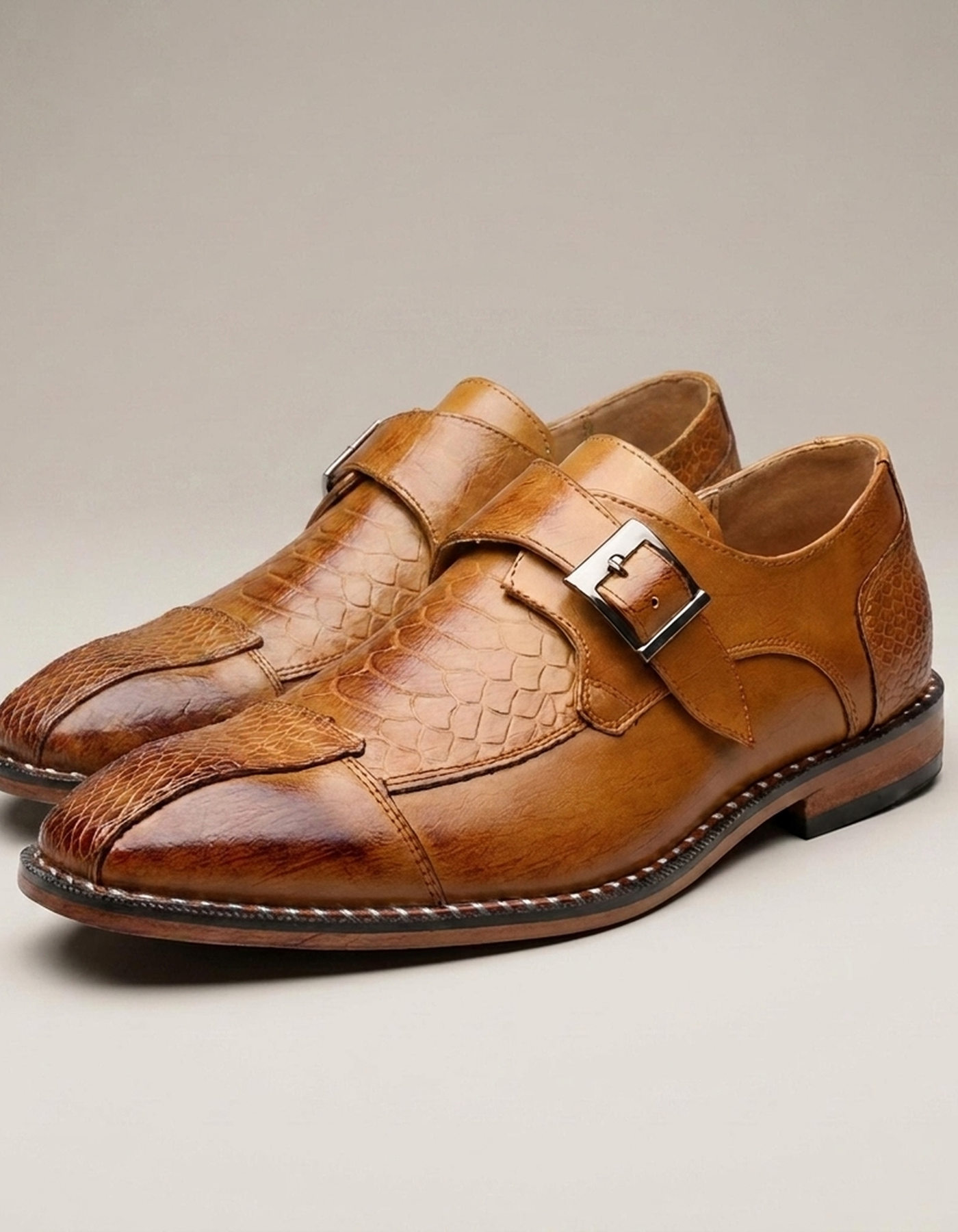 PLUXSTYLE::numise::mens-croc-embossed-monk-strap-dress-shoes::closeup-detail
