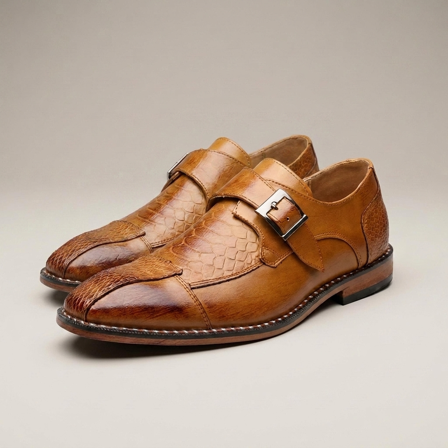 PLUXSTYLE::numise::mens-croc-embossed-monk-strap-dress-shoes::closeup-detail