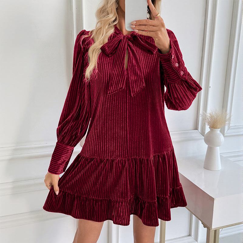 PLUXSTYLE::numise::bow-neck-long-sleeve-mini-dress::lifestyle-keep-2