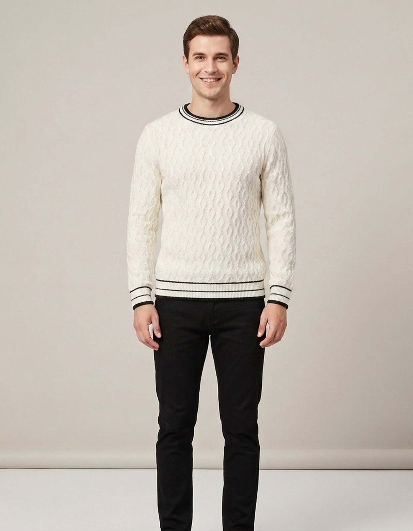 PLUXSTYLE::numise::mens-contrast-trim-cable-jumper::front