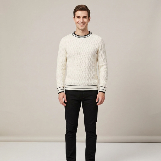 PLUXSTYLE::numise::mens-contrast-trim-cable-jumper::front