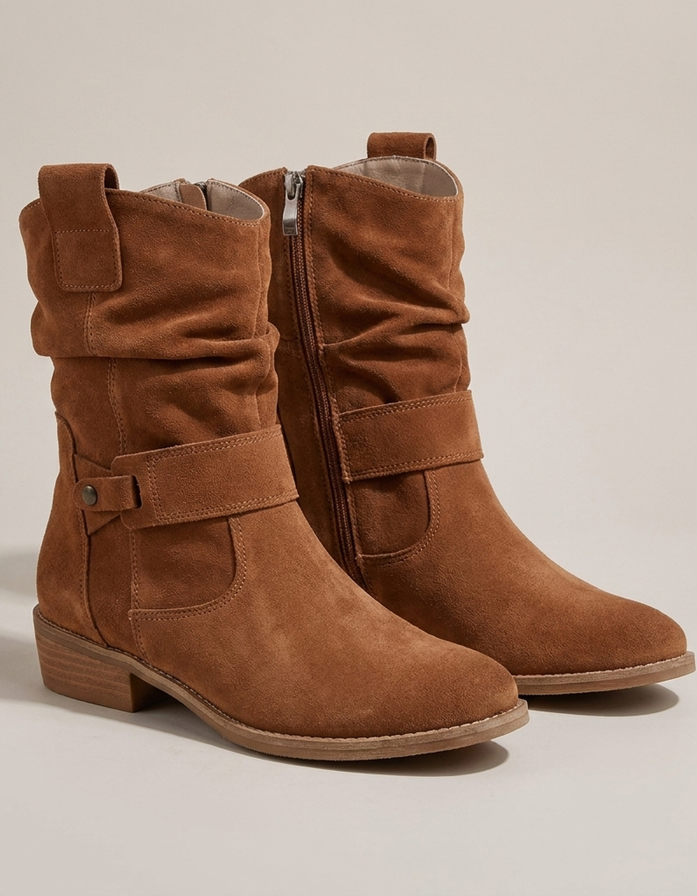 PLUXSTYLE::numise::slouch-fit-buckle-ankle-boots::pack-brown