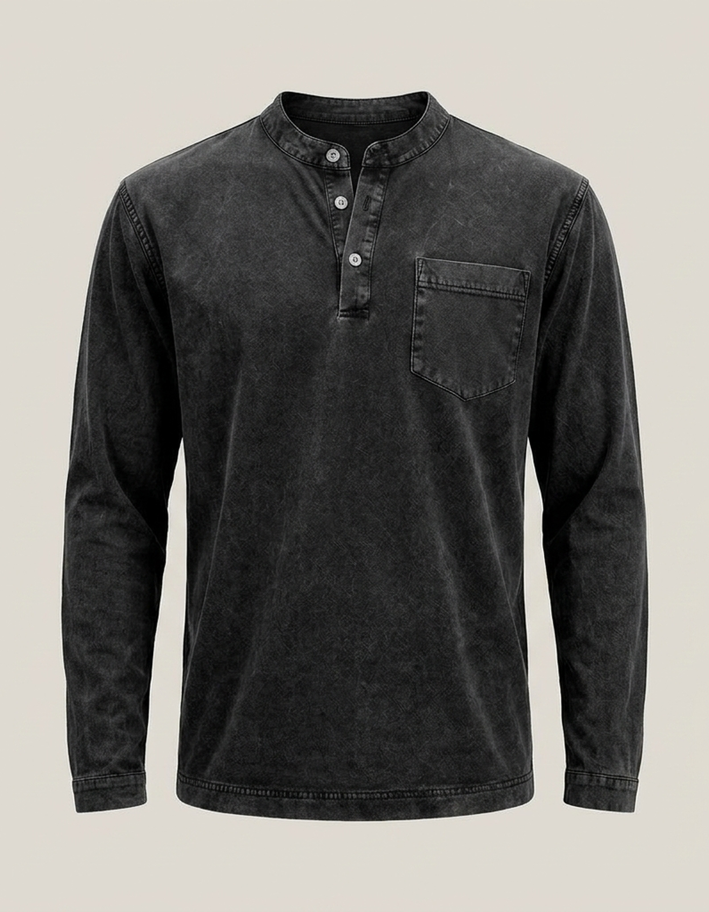 PLUXSTYLE::numise::mens-vintage-wash-henley-top::pack-black