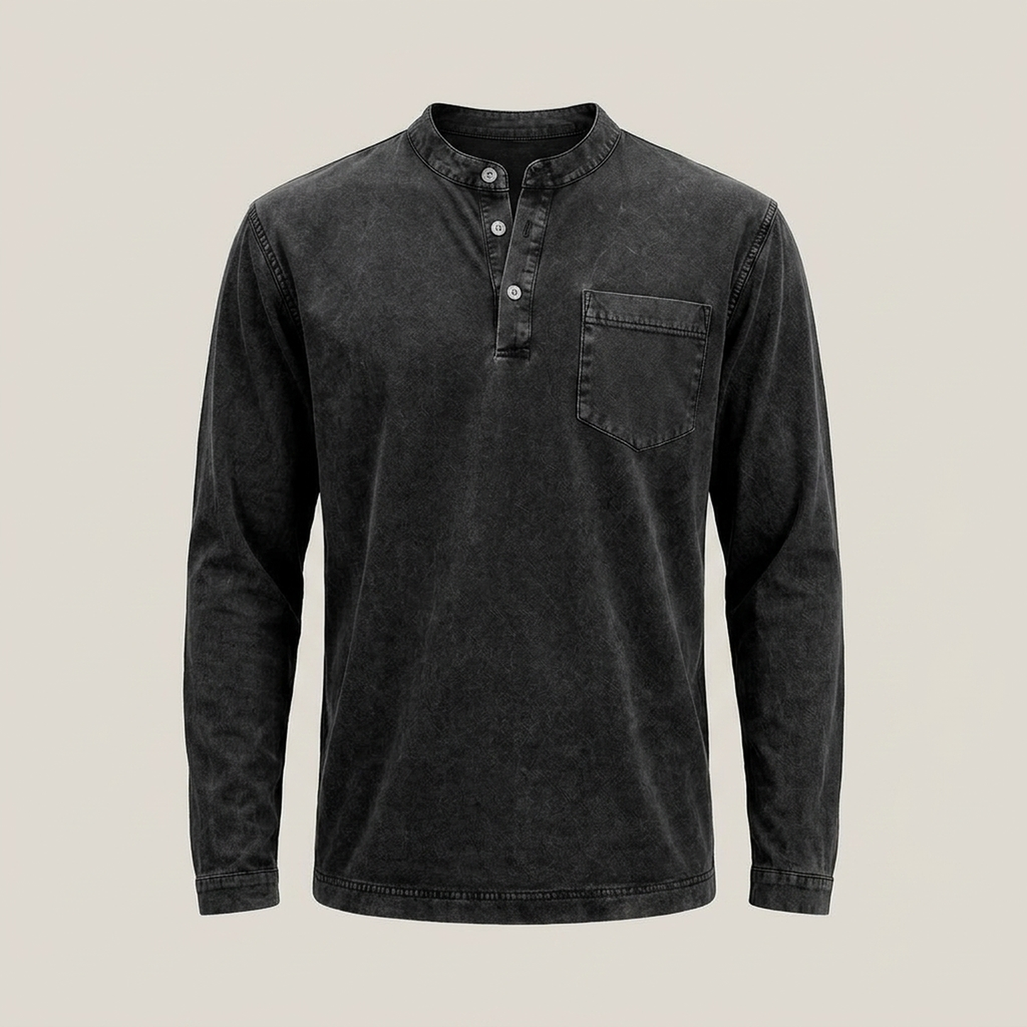 PLUXSTYLE::numise::mens-vintage-wash-henley-top::pack-black