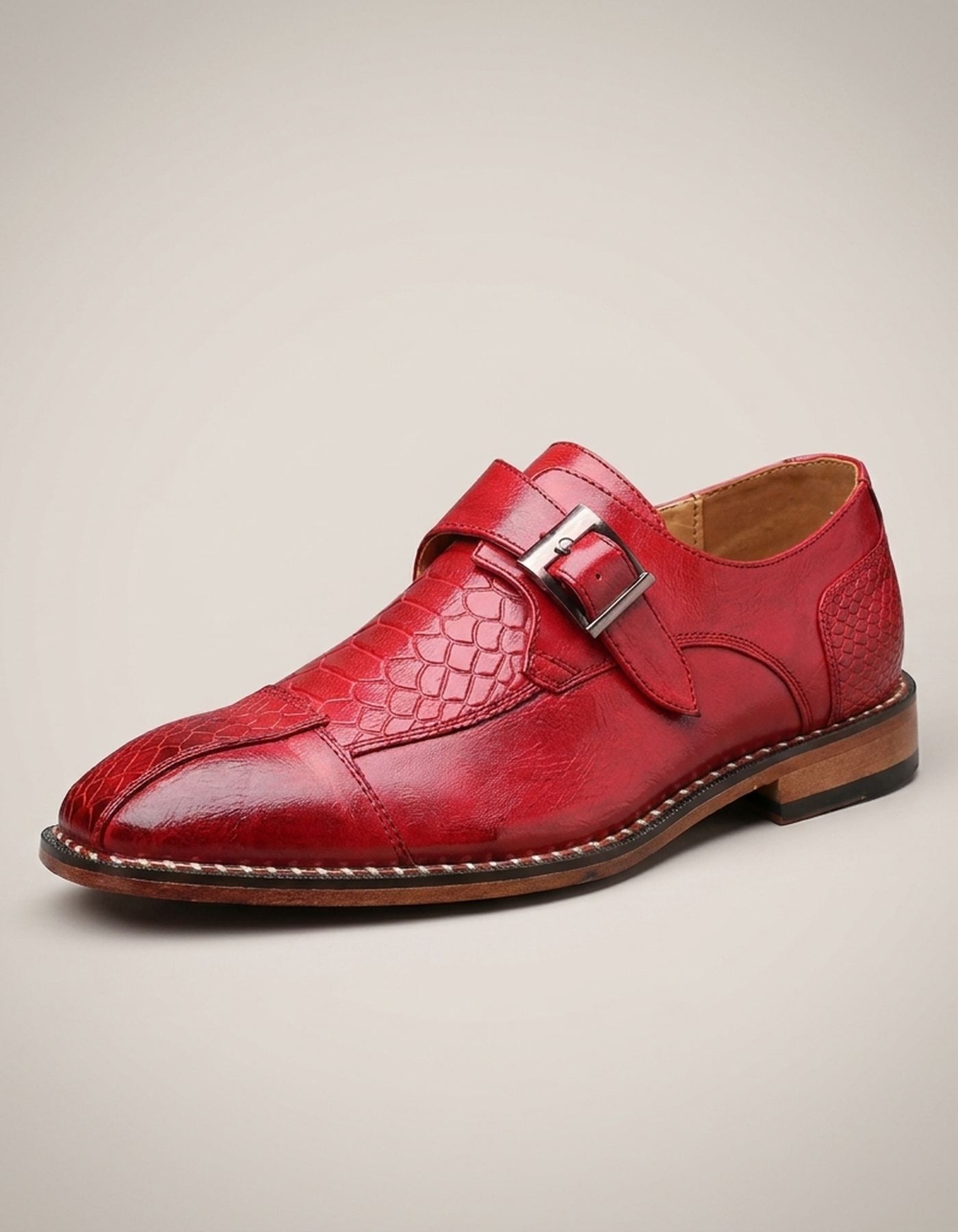 PLUXSTYLE::numise::mens-croc-embossed-monk-strap-dress-shoes::pack-red