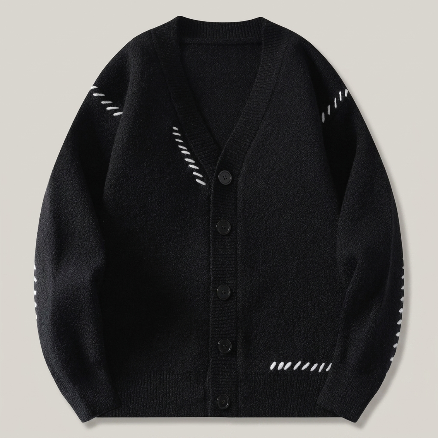 PLUXSTYLE::numise::mens-contrast-stitch-v-neck-cardigan::pack-black